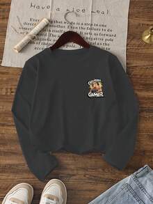 青少年男孩趣味图案印花圆领长袖 T 恤，秋冬上衣 - 深灰色 - 查看 6