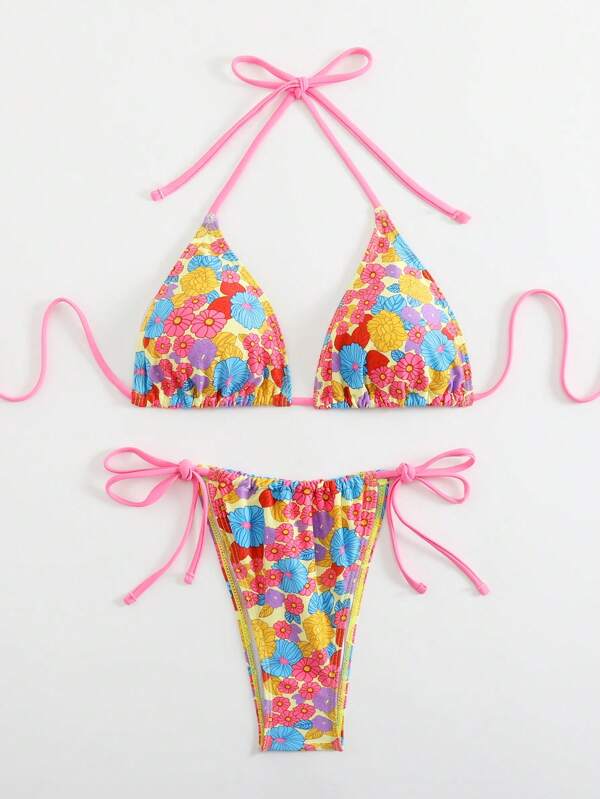 Women's Floral Print Halter Tie Side Sexy Bikini Set, Summer Beach
