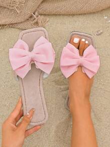 2025 New Flat Plus Size Fashion Elegant Ladies Shoes, Square Toe Cute Bowknot Super Soft Vacation Vibe Pink Sandals, Slip-Resistant Beach Slippers