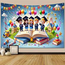 1 pieza Pancarta para graduación preescolar - Alegre escena de celebración de graduación con globos, cintas y graduados, decoración multiusos reutilizable para fiestas en el hogar, adecuada para photocall, fiesta de graduación y festivales, telón de fondo para photocall | Atmósfera festiva | Poliéster, decoración de fiesta de graduación - Multicolor - Ver 1