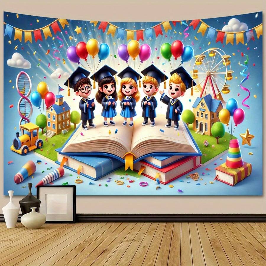 1 pieza Pancarta para graduación preescolar - Alegre escena de celebración de graduación con globos, cintas y graduados, decoración multiusos reutilizable para fiestas en el hogar, adecuada para photocall, fiesta de graduación y festivales, telón de fondo para photocall | Atmósfera festiva | Poliéster, decoración de fiesta de graduación - Multicolor - Ver 1