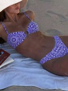 2pcs Blue & White Print Fashion Beach Swimwear Set, Spring/Summer - Multicolor - View 1