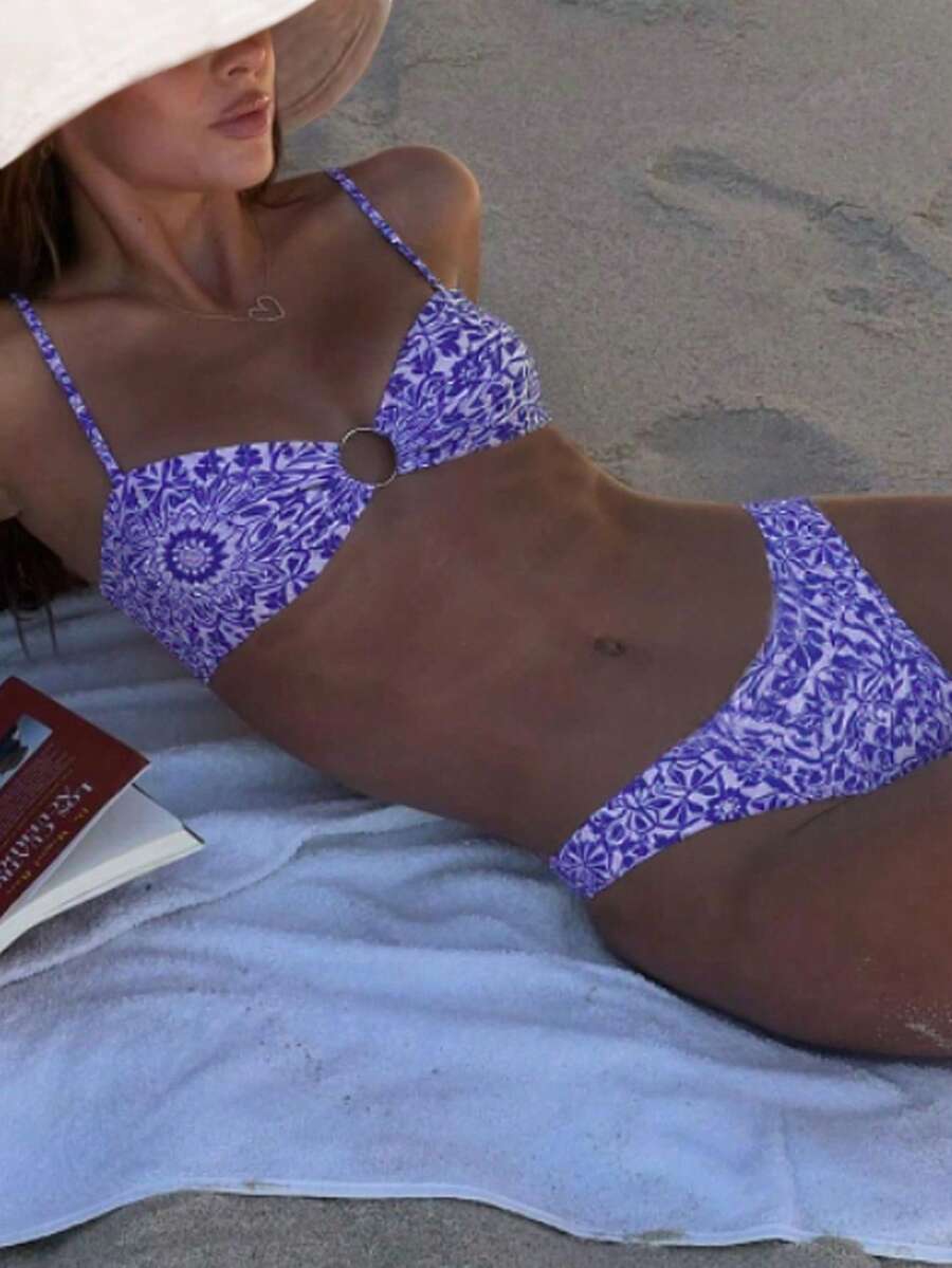 2pcs Blue & White Print Fashion Beach Swimwear Set, Spring/Summer - Multicolor - View 1