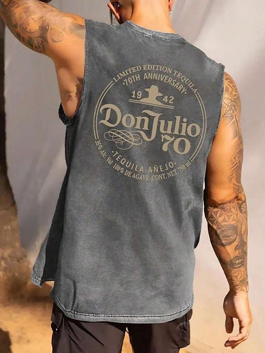 230g Water Washed, Tasting 1842 Wine Printed Vest, High-Quality Wax Printed Cotton Retro Fashion Brand T-Shirt, Men's Vest, Beach Must-Have, Summer Bestseller, Holiday Gift, Perfect Gift - 深灰色 - 查看 1
