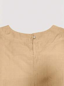 Women Casual Solid Color Crew Neck T-Shirt And Elastic Waist Linen Shorts Set, Summer - Apricot - View 3