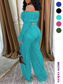 Women's Elegant 2pcs Set, Solid Color Long Sleeve Off-Shoulder Sexy Ruffle Front Button Crop Top And Wide Leg Pants - Mint Green - View 2