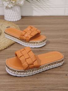 Pantuflas de moda con suela gruesa y empeine tejido a mano, nuevas para 2025