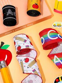 4 rollos de 20 yardas cada uno de cinta con borde metálico de 2.5 pulgadas con diseños de regla, lápiz, manzana, autobús y letras del abecedario, para envolver regalos, manualidades y decoraciones del primer día de clases - Multicolor - Ver 8