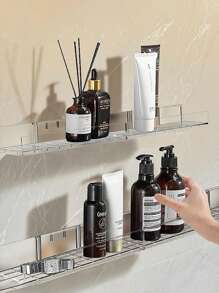 1pc/2pcs Space-Saving Acrylic Bathroom Organizer Racks, Extendable Storage Shelf, Wall-Mounted, No Drilling Required, Thick Adhesive Backing, Suitable For Toiletries And Accessories, White Bathroom Storage And Display Rack
