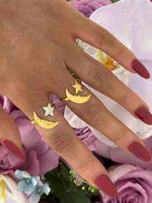 1pc/2pcs Retro Moon Star Open 18k Gold Plated Stainless Steel Ring Women Men Punk Fashion New Gold And Silver Geometric Knuckle Ring Set Jewelry Gift