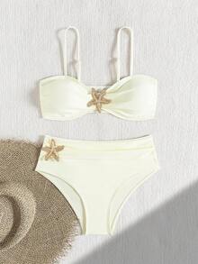 全新极简设计，纯色，性感，显瘦，遮肚，时尚配饰，度假风比基尼套装，时尚优雅两件式泳装，女士沙滩派对，夏季畅销泳装 - 乳白色 - 查看 3