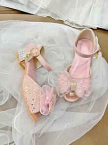 Sandalias de tacón alto rosa para niña con decoración de mariposa brillante, zapatos de vestir de princesa - Rosa - Ver 6