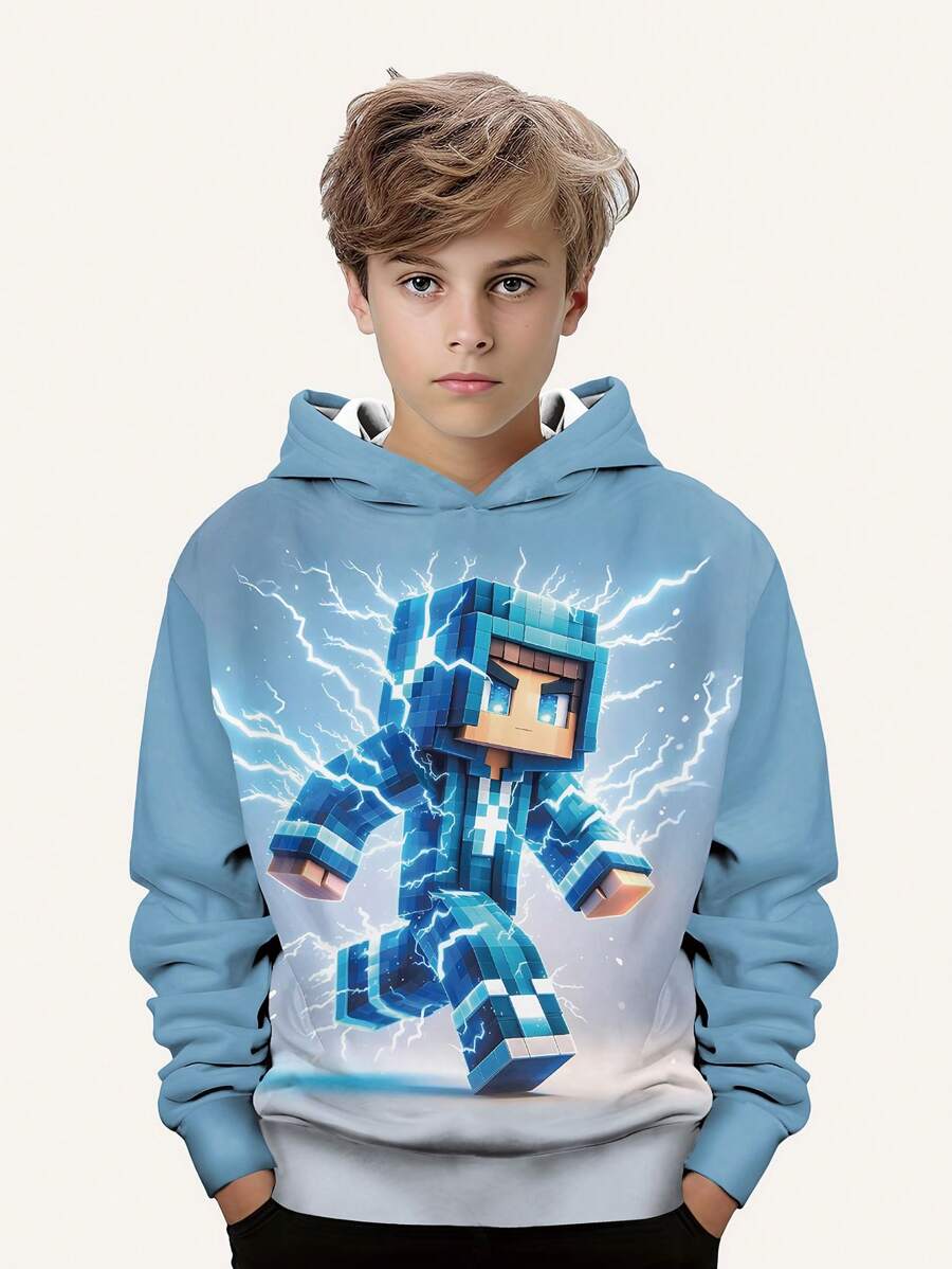 幼儿男童时尚印花休闲套头连帽衫 - 长袖，圆领，适合春秋季节，酷炫印花