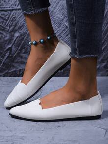 2025 Autumn Women's Pointed Toe Slip-On Knitted Striped Flat Shoes, Solid Color Bohemian Chic Fashion Casual Comfortable Outdoor Cute Ribbed Flats, Suitable For Holiday, Party, Home, Office, Outdoor, All Seasons - White - View 5