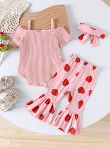 2pcs Cute & Comfortable Baby/Toddler Girls Sleeveless Off-Shoulder Romper + Strawberry Print Pants Outfit, Thin, Spring/Summer