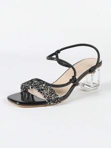 时尚女士水晶粗跟凉鞋，蛇形水钻系带仙女风格露趾鞋，迷人休闲百搭新款派对黑色经典高跟鞋 - 黑色 - 查看 8