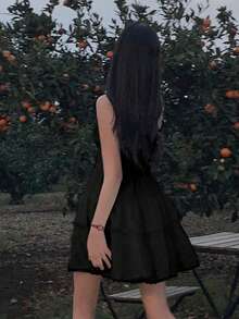 2025 Spring Sleeveless Floral Lace Trim Cake Dress Dress, Women's Fashion Black Elegant Summer - Black - View 6