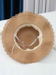 1 pieza Sombrero de paja con decoración de cintas y perlas, estilo princesa adecuado para la playa, exteriores y uso diario