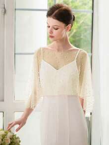 1 pieza Elegante chal nupcial de perlas falsas con cuentas, accesorio para vestido de novia, ropa de abrigo de otoño para mujeres, festival, fiesta - A - Ver 15