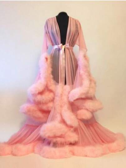 Women Long Sleeve Plush Robe Sexy Luxury See-Through Extra Long Babydoll Nightgown