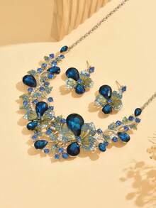 OABE 1 Set Perhiasan Bunga Elegan dan Mewah dengan Batu Permata Buatan, Cocok untuk Pernikahan, Acara Gala, dan Pesta - Danau Biru - View 4