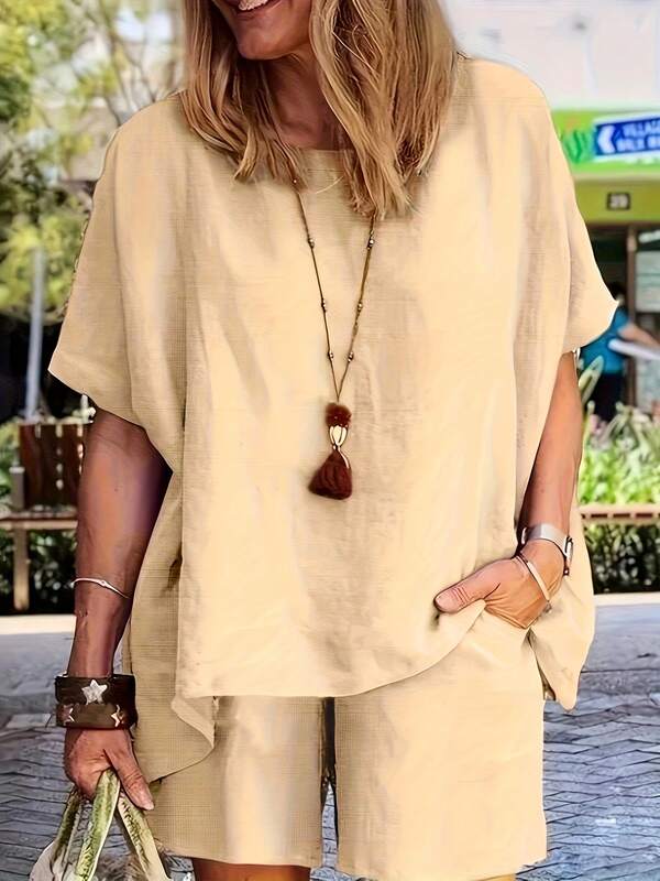 Women Casual Solid Color Crew Neck T-Shirt And Elastic Waist Linen Shorts Set, Summer