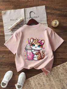 Tween Girls Cute Beverage & Donut Print Round Neck T-Shirt, Summer Top - Pink - View 3