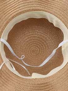 1 pieza Sombrero de paja con decoración de cintas y perlas, estilo princesa adecuado para la playa, exteriores y uso diario