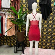 Vestido Lurex Feminino, Brilhoso Vermelho Detalhe Em Tule.