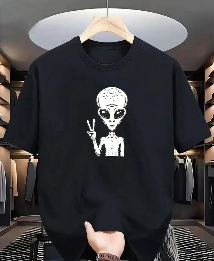 Camiseta Casual para Hombre con Estampado paul - Cómoda Manga Corta de Verano, Verde Oliva con Diseño de Rayas Blancas, Tejido Ligero de Poliéster, Cuello Redondo, Lavable a Máquina, Camiseta para Uso Diario | Estilo Casual Moderno | Textura Suave - Negro - Ver 1