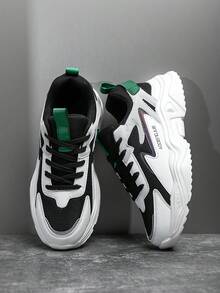 Men's Fashion Contrast Color Letter Pattern Leather & Mesh Patchwork Retro Chunky Sneakers, Lace-Up Soft Lightweight Comfortable Outdoor Reflective Jogging Shoes, Couples Style For All Seasons Valentine's Day Ideas - Contrasting Colors - View 6