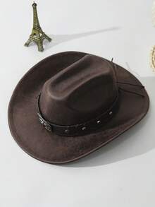 1pc Unisex Cattle Head & Belt Decor Boho Jazz Cowgirl Hat Ridge Wide Brim Handmade Soft Felt Hat Panama Hat Western Suitable Cowboy Hat Fedora Hat For Party - Cà phê nâu - Xem 3