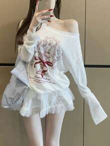 Printed Asymmetric Shoulder Long Sleeve T-Shirt Women's Summer Loose Sunscreen Shrug Shirt, Stylish & Versatile Lightweight Top - White - View 1