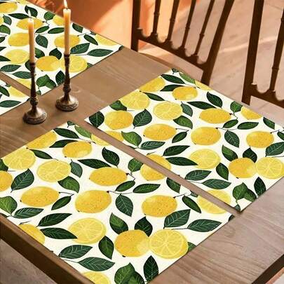 4 件/套柠檬印花亚麻餐垫 - 编织亚麻矩形餐垫，适用于餐厅、厨房 - 防滑耐热餐垫，适用于咖啡桌、餐桌装饰