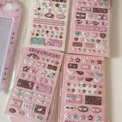 4 件套粉色棕色音符草莓泡沫贴纸照片卡手机壳收纳盒装饰贴纸学校用品，返校