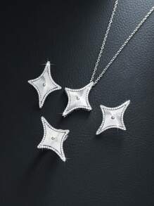 4pcs Elegant 18K Gold Plated Four-Pointed Star Jewelry Set For Women, Including Stud Earrings, Ring And Choker Necklace, Copper Base, Fashionable Jewelry For Women, Ideal For Daily Wear & Gifting, Perfect For Valentine'S Day