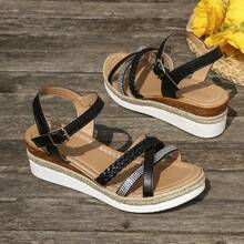 Aijiangluo Giày sandal nữ màu đen thời trang mới, nhẹ, đa năng, đính đá lấp lánh, hở mũi, đế dày, kiểu dáng nghỉ hè, quai đan, đế xuồng, thích hợp cho hẹn hò, mua sắm, đi làm, dự tiệc, đi biển. - màu đen - Xem 12