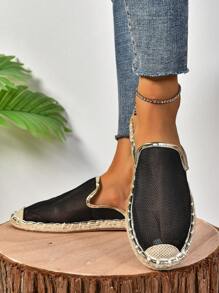 Women's Fashion Flat Woven Straw Shoes, Spring/Summer New Fisherman Shoes, Black Flat Slip-On Shoes With Rope Sole