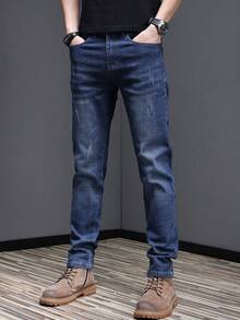 Men's Cat Scratch Stretch Slim Fit Bias Pocket Straight Leg Jeans, Relaxed Long Fit, Horseback Wash, Vintage Blue, Perfect For Going Out With Friends Y2K Style - 水鴨藍 - 查看 2