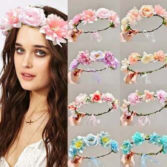 Guirnalda de flores simuladas, diadema de flores para niñas, pasador de flor de rosa, diadema de flores para novias, accesorios para el cabello bohemios, decoraciones de bosque, accesorios dulces coreanos de hadas, regalos de boda, diademas para la mejor amiga y dama de honor, suministros para fiestas, suministros para eventos, accesorios para el cabello, coronas, tiara