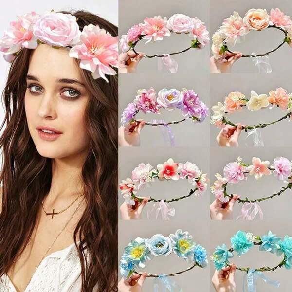 Guirnalda de flores simuladas, diadema de flores para niñas, pasador de flor de rosa, diadema de flores para novias, accesorios para el cabello bohemios, decoraciones de bosque, accesorios dulces coreanos de hadas, regalos de boda, diademas para la mejor amiga y dama de honor, suministros para fiestas, suministros para eventos, accesorios para el cabello, coronas, tiara