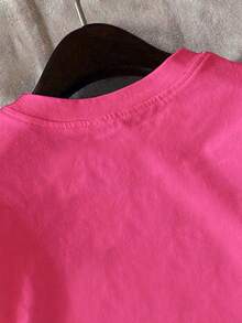 Tween Girls Smile Letter Print Round Neck Casual Short Sleeve T-Shirt, Suitable For Spring And Summer, Soft And Comfortable - Hot Pink - View 4