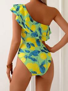 Women's Fashion Lemon Print Ruffled One-Piece Swimsuit - Green - View 3
