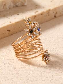 1 pieza Anillo chapado en oro con diseño de flor hueca de estilo chino vintage, diseño único, anillo abierto versátil y lujoso (color del cristal aleatorio) - Amarillo Oro - Ver 3