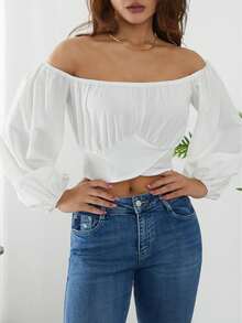 Womens Off Shoulder Crop Tops, Long Sleeve Solid Color Tie Knot Back Ruched T-Shirts - Beige - View 2