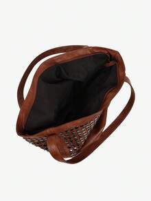 Dedoo 2024新款软皮手提包，小丑图案，简约单肩包，铆钉装饰，大容量女士手提包，方便购物、商务、休闲出行，光泽亮丽，豹纹印花 - 棕色 - 查看 11