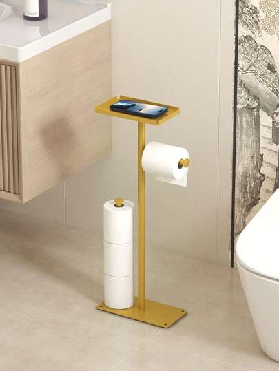 1pc Vertical Toilet Paper Holder, With Shelf Toilet Paper Holder, Bathroom Floor Standing Toilet Paper Holder, Multi Roll Paper Storage Rack, Toilet Paper Storage Rack, Suitable For Bathroom And Toilet Storage Accessories