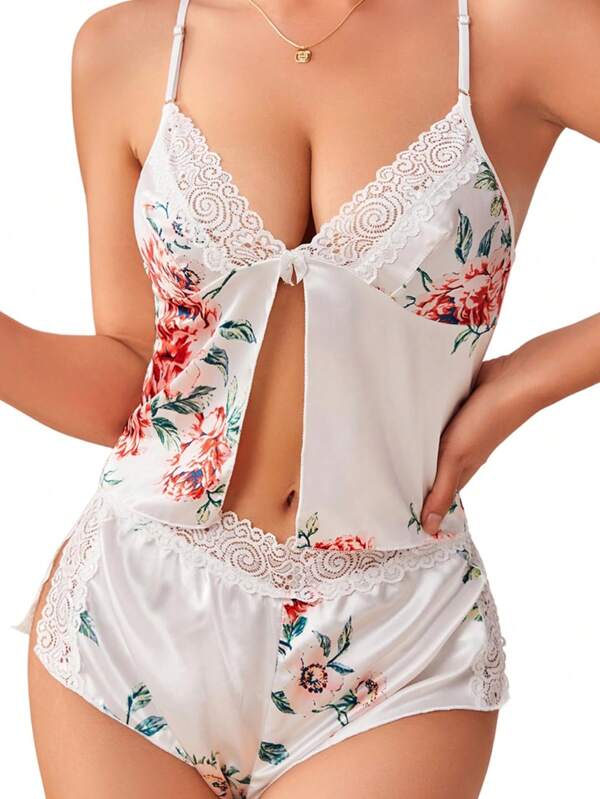 Women's 2 Piece Lingerie Floral Lace Cami Top With Satin Shorts Sleepwear Pajama Set Classic Sexy Sexy Sets Polyester Contrast Lace Bralettes Boyshorts