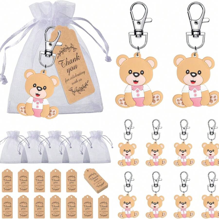 12 Sets/36pcs Pink Bear Party Favor Set, Includes Bear Keychains, Organza Bags, Theme Party Thank You Tags, Suitable For Baby Shower, Gender Reveal Party, Bridal Shower, Birthday Party, Christmas Gift, Bear Theme Party - Pink - View 1