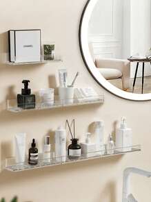 1pc/2pcs Space-Saving Acrylic Bathroom Organizer Racks, Extendable Storage Shelf, Wall-Mounted, No Drilling Required, Thick Adhesive Backing, Suitable For Toiletries And Accessories, White Bathroom Storage And Display Rack